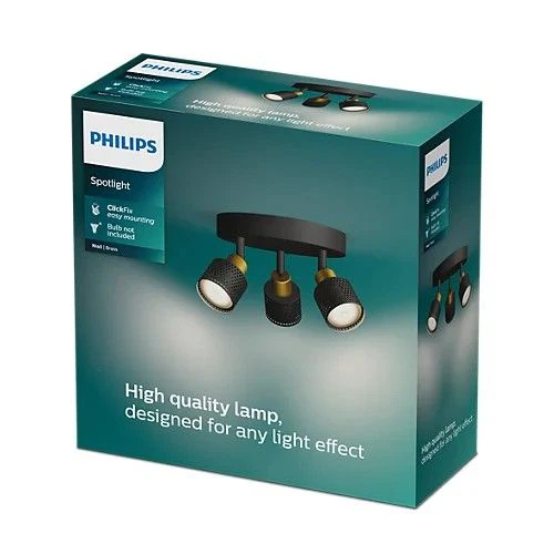 Philips opbouwspot Niall zwart, messing 3-lichts - Image 2