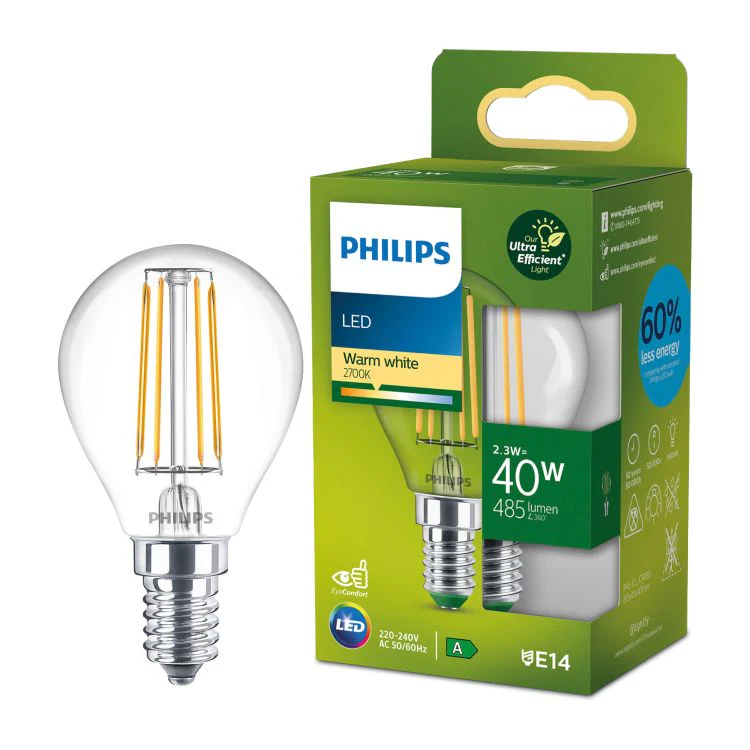 Philips Ultra Efficient LED filament kogel E14 helder ww 2,3W 485LM - Image 3