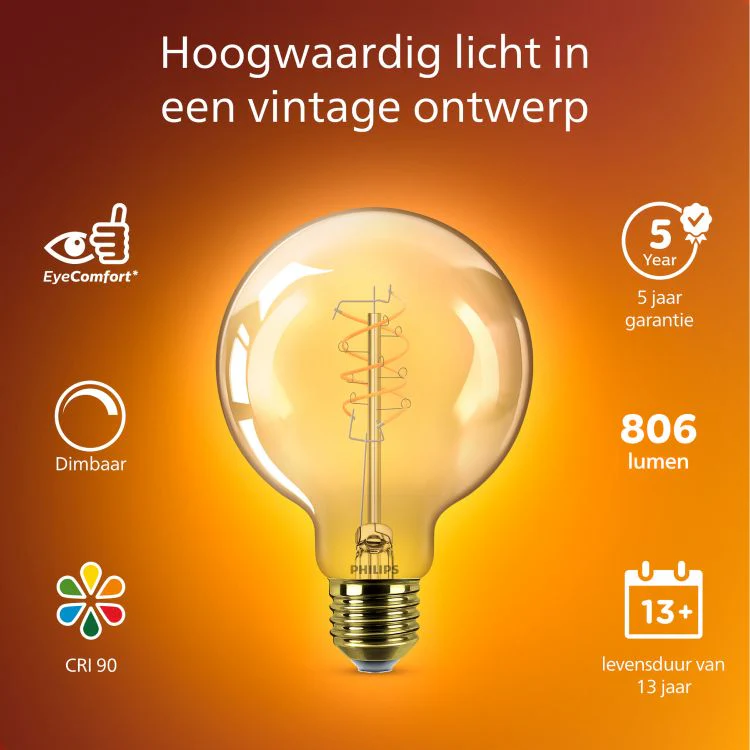 Philips Vintage LED lamp globe dimbaar E27 amber extra ww 7,3W 806LM - Image 4