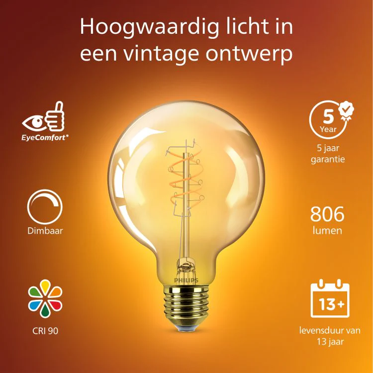 Philips Vintage LED lamp globe dimbaar E27 amber extra ww 7,3W 806LM - Image 4