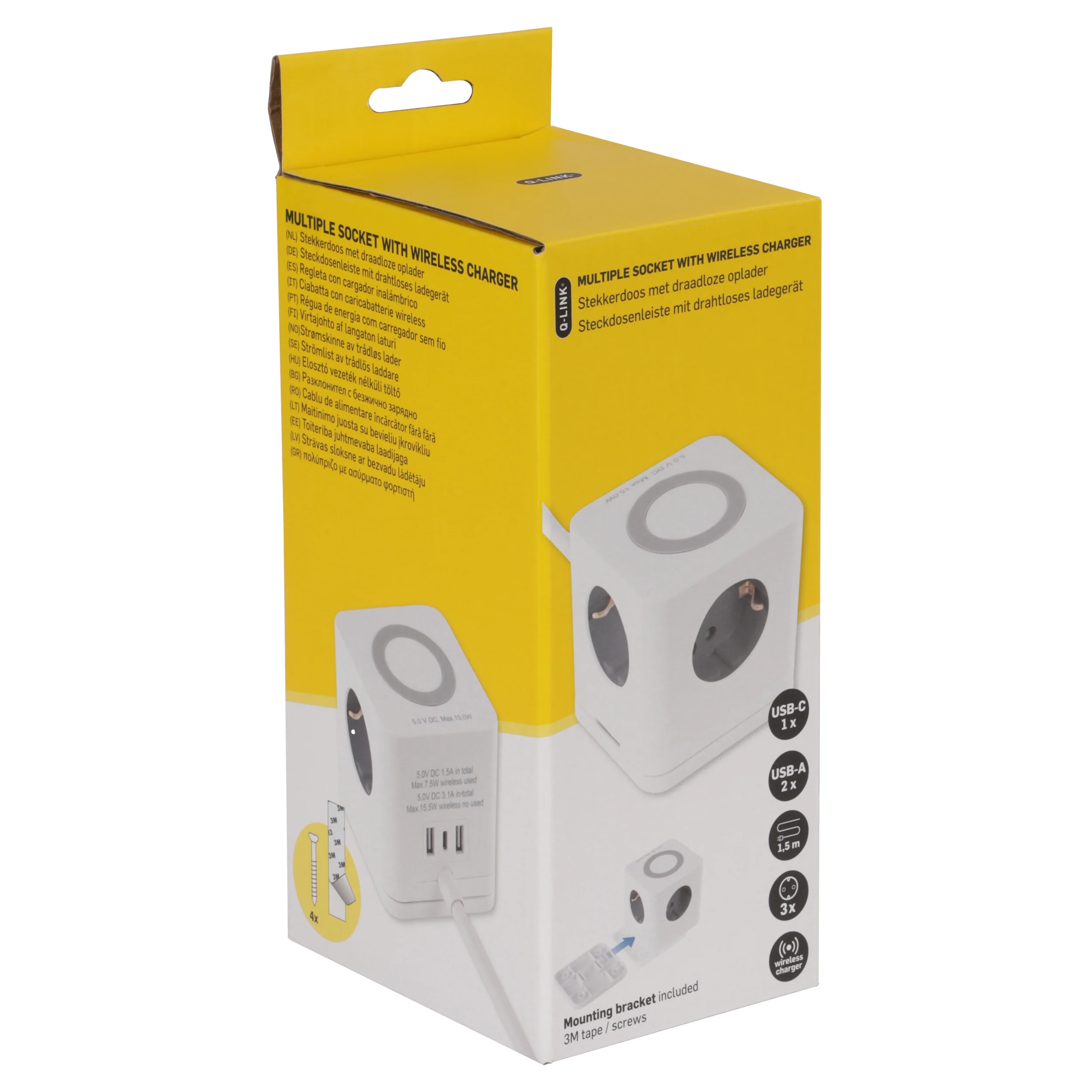 Q-Link Cube stekkerdoos 3-voudig 3x geaard, 2x USB A, 1x USB C wit 1,5m - Image 5