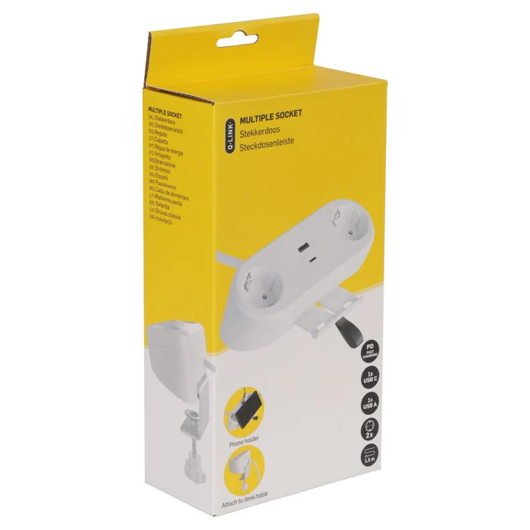 Q-Link stekkerdoos 2x geaard, 1x USB A, 1x USB C wit 1,5m - Image 5