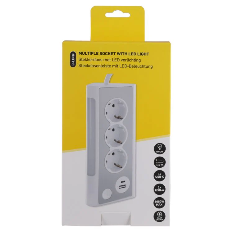 Q-Link stekkerdoos 3-voudig 3x geaard, 1x USB A, 1x USB C wit 1,5m - Image 12