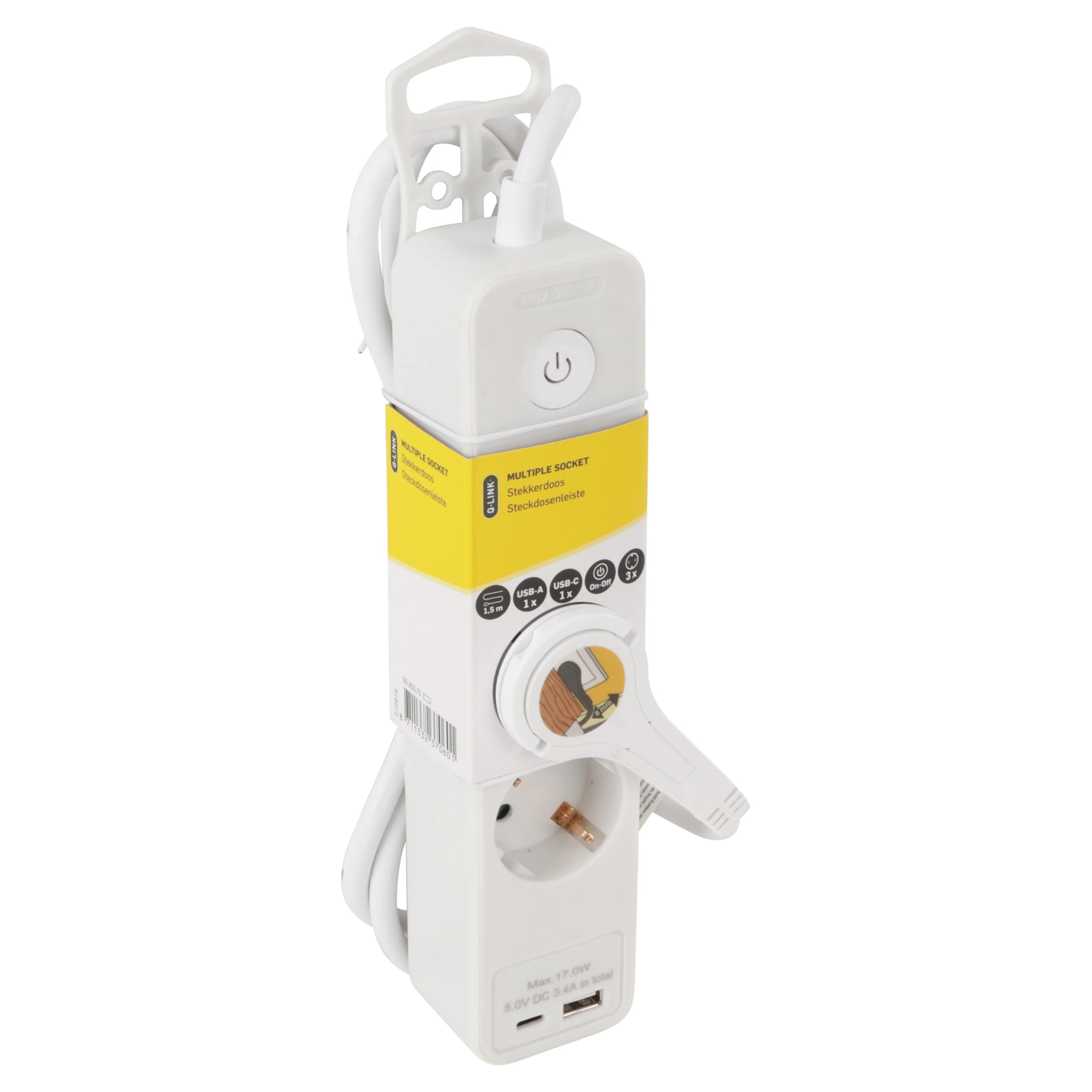 Q-Link stekkerdoos 3-voudig 3x geaard, 1x USB A, 1x USB C wit 1,5m - Image 3