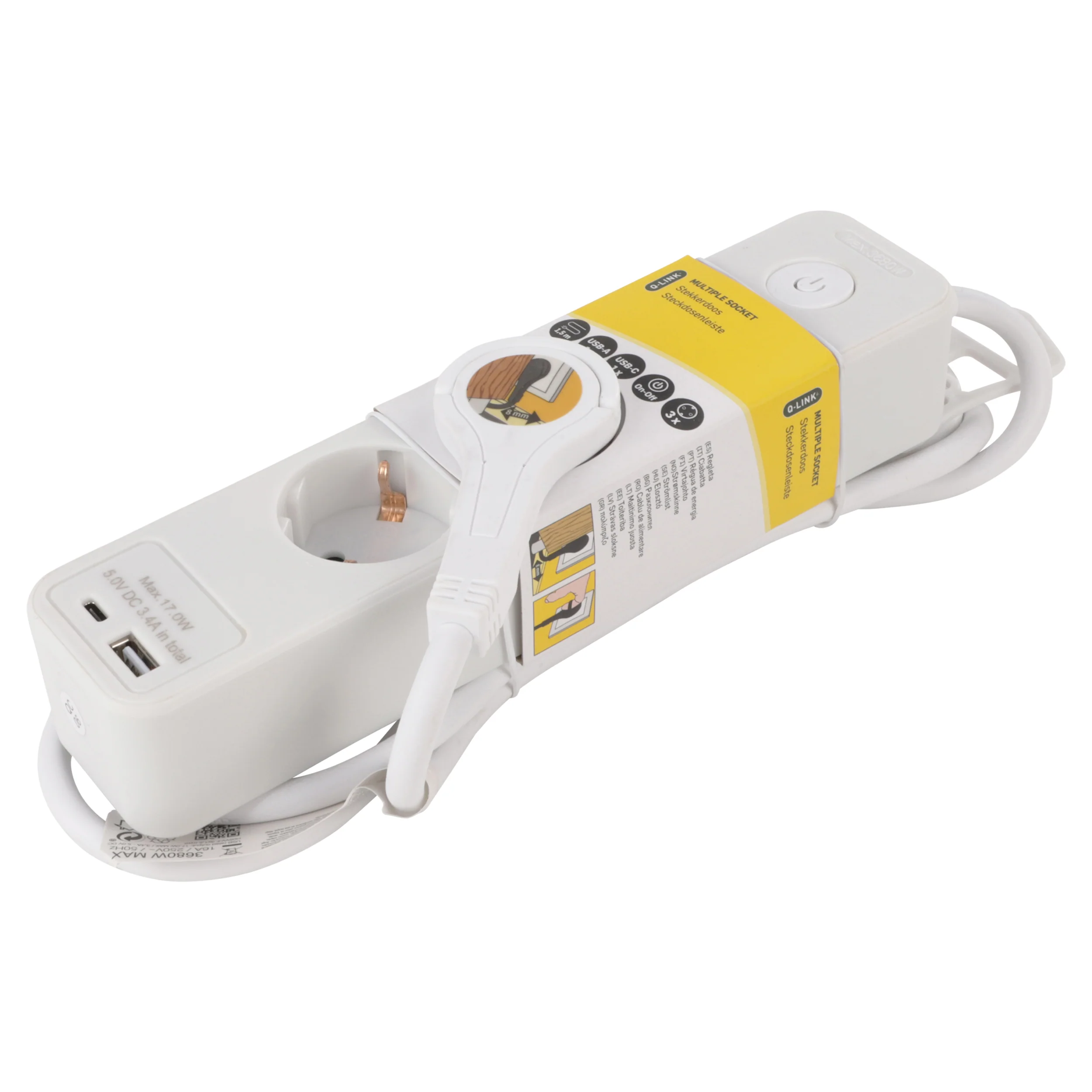 Q-Link stekkerdoos 3-voudig 3x geaard, 1x USB A, 1x USB C wit 1,5m - Image 4