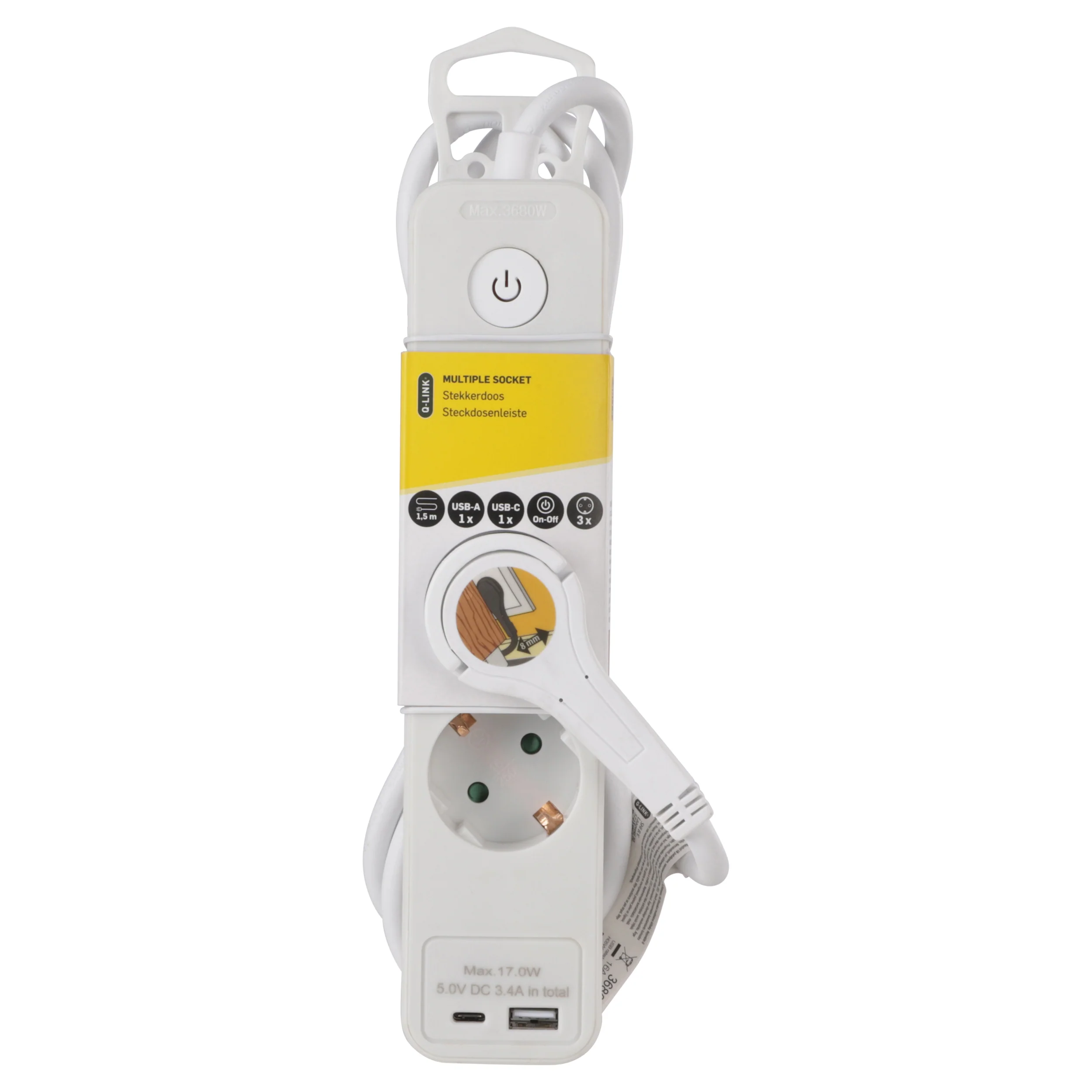 Q-Link stekkerdoos 3-voudig 3x geaard, 1x USB A, 1x USB C wit 1,5m - Image 5