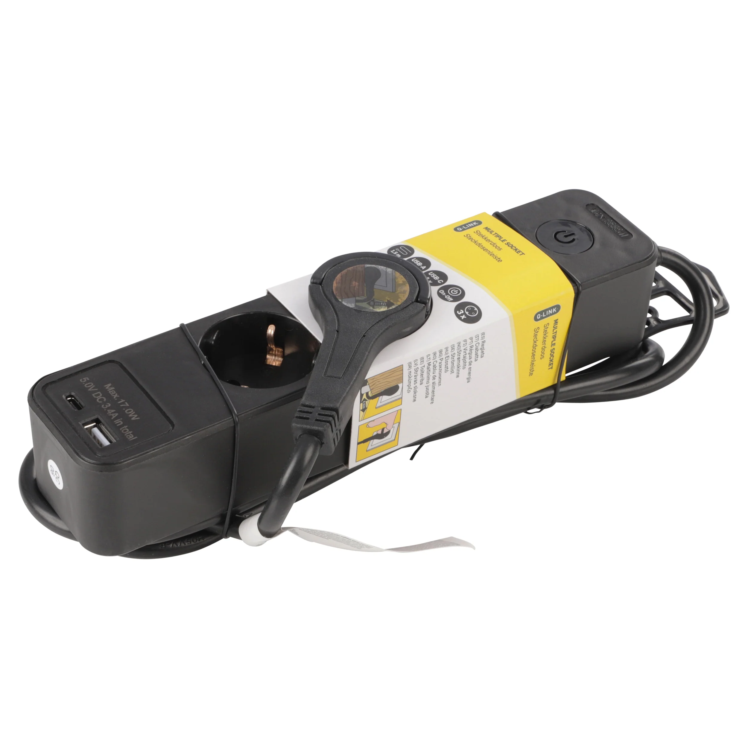 Q-Link stekkerdoos 3-voudig 3x geaard, 1x USB A, 1x USB C zwart 1,5m - Image 4