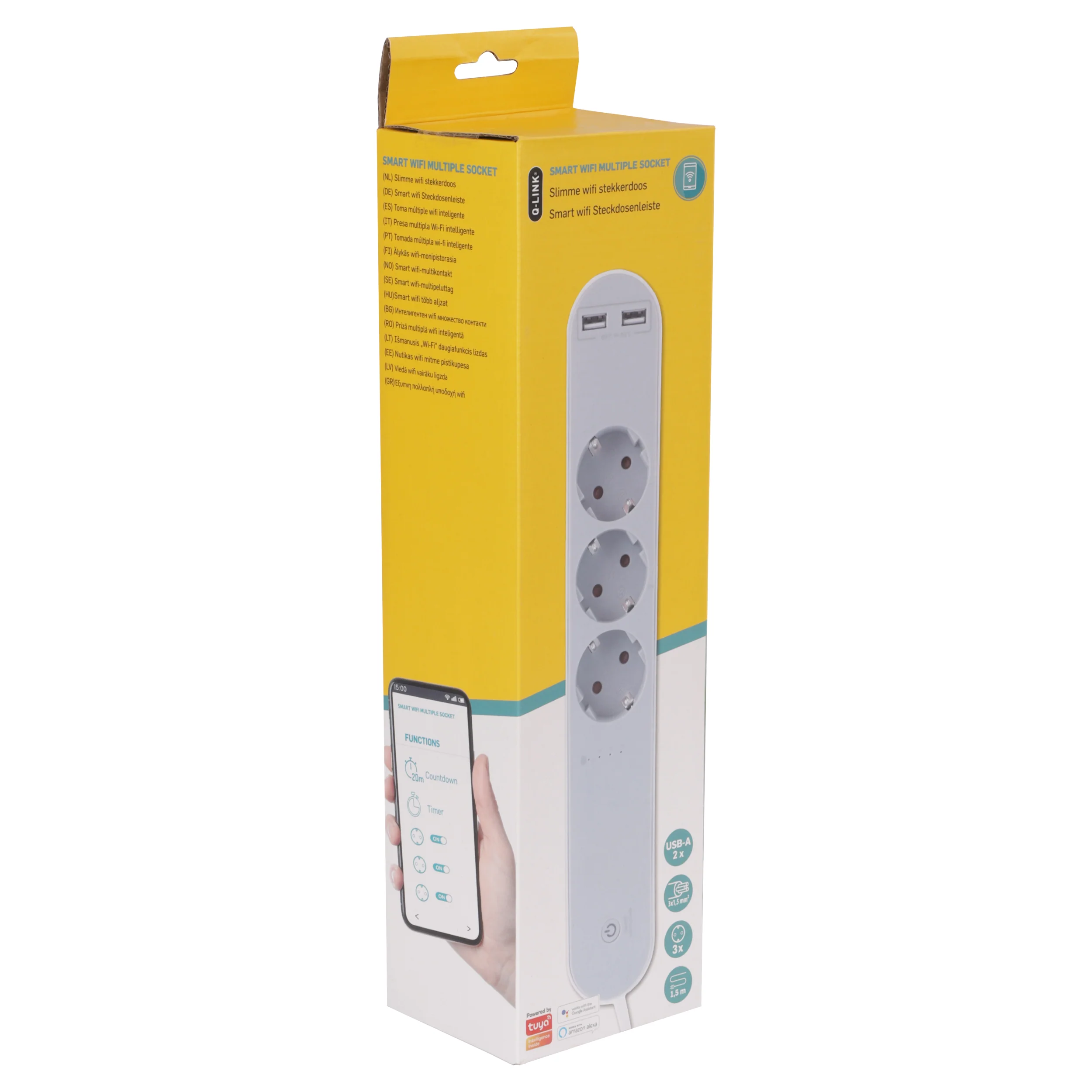 Q-Link stekkerdoos 3-voudig 3x geaard, 2x USB A wit 1,5m - Image 5