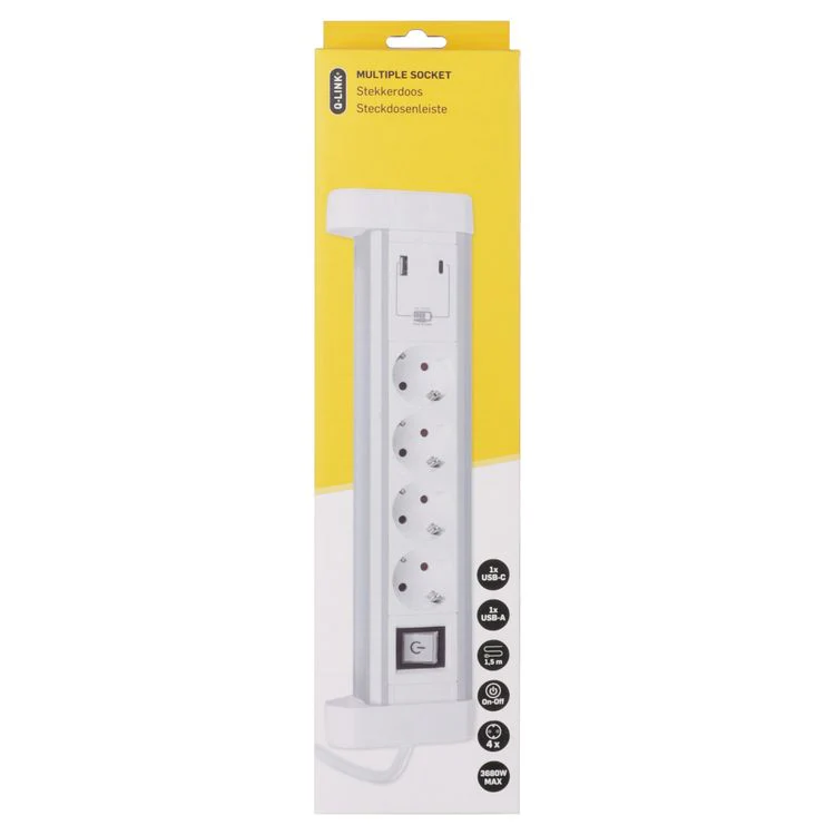 Q-Link stekkerdoos 4-voudig 4x geaard, 1x USB A, 1x USB C wit, 1,5m - Image 12