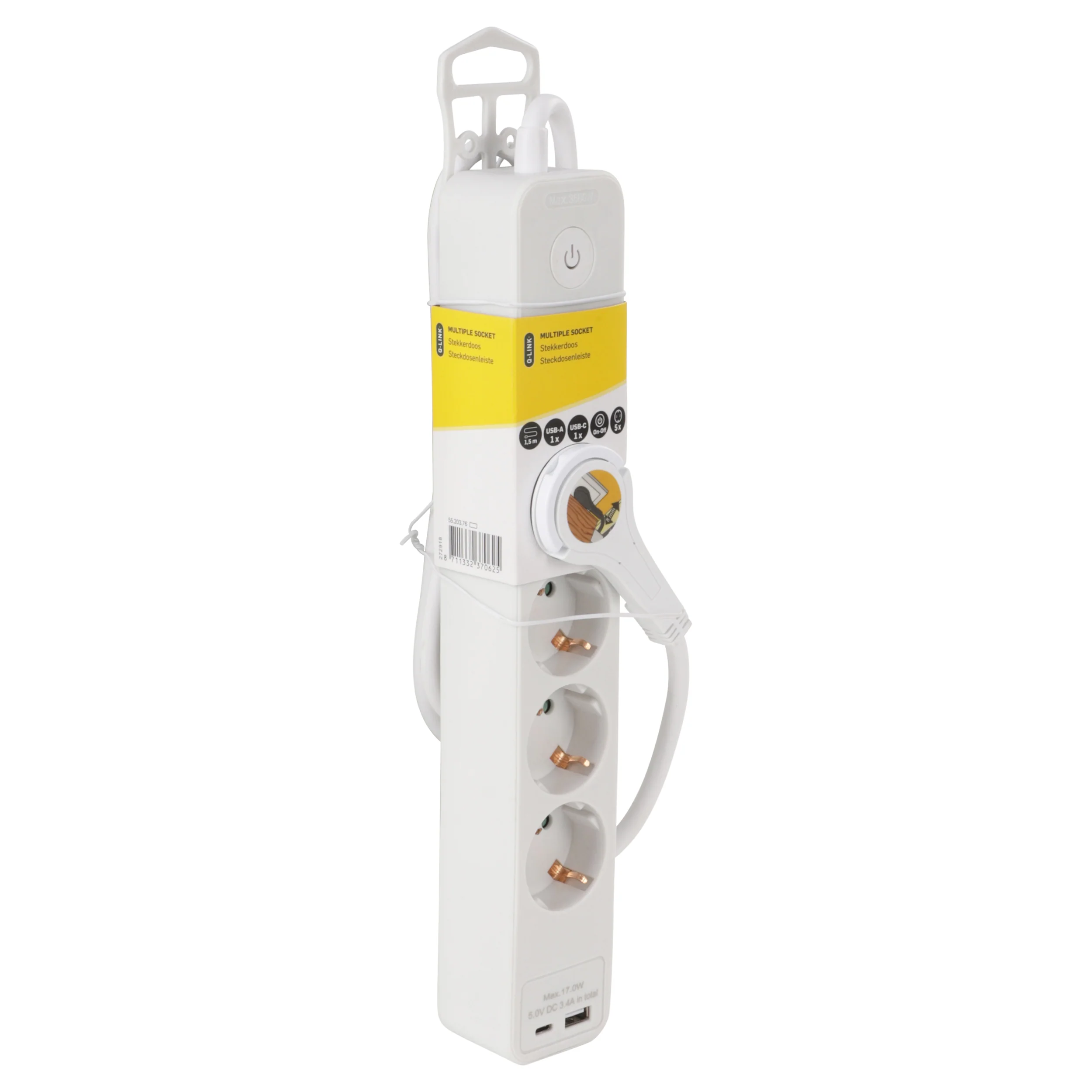Q-Link stekkerdoos 5-voudig 5x geaard, 1x USB A, 1x USB C wit 1,5m - Image 3