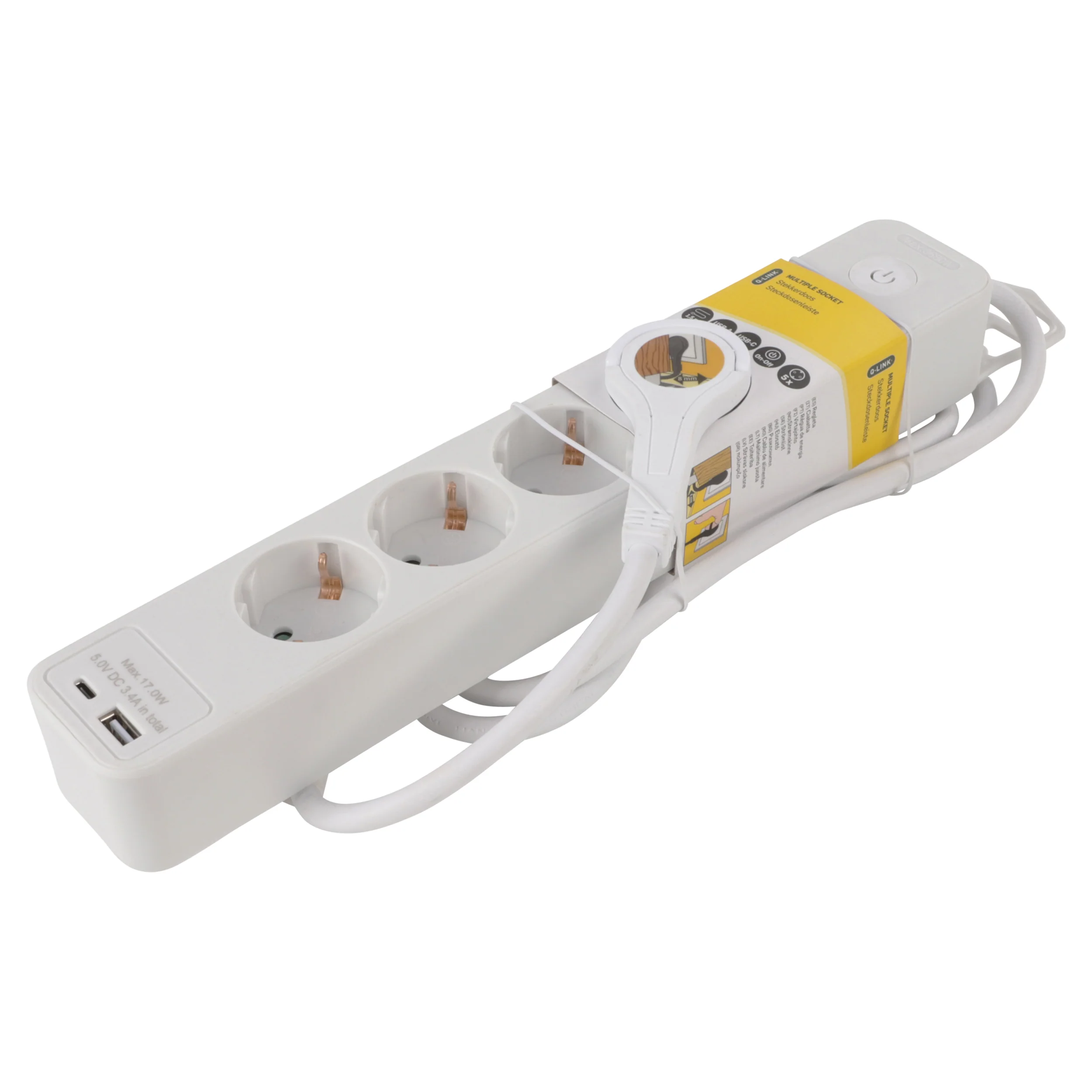Q-Link stekkerdoos 5-voudig 5x geaard, 1x USB A, 1x USB C wit 1,5m - Image 4