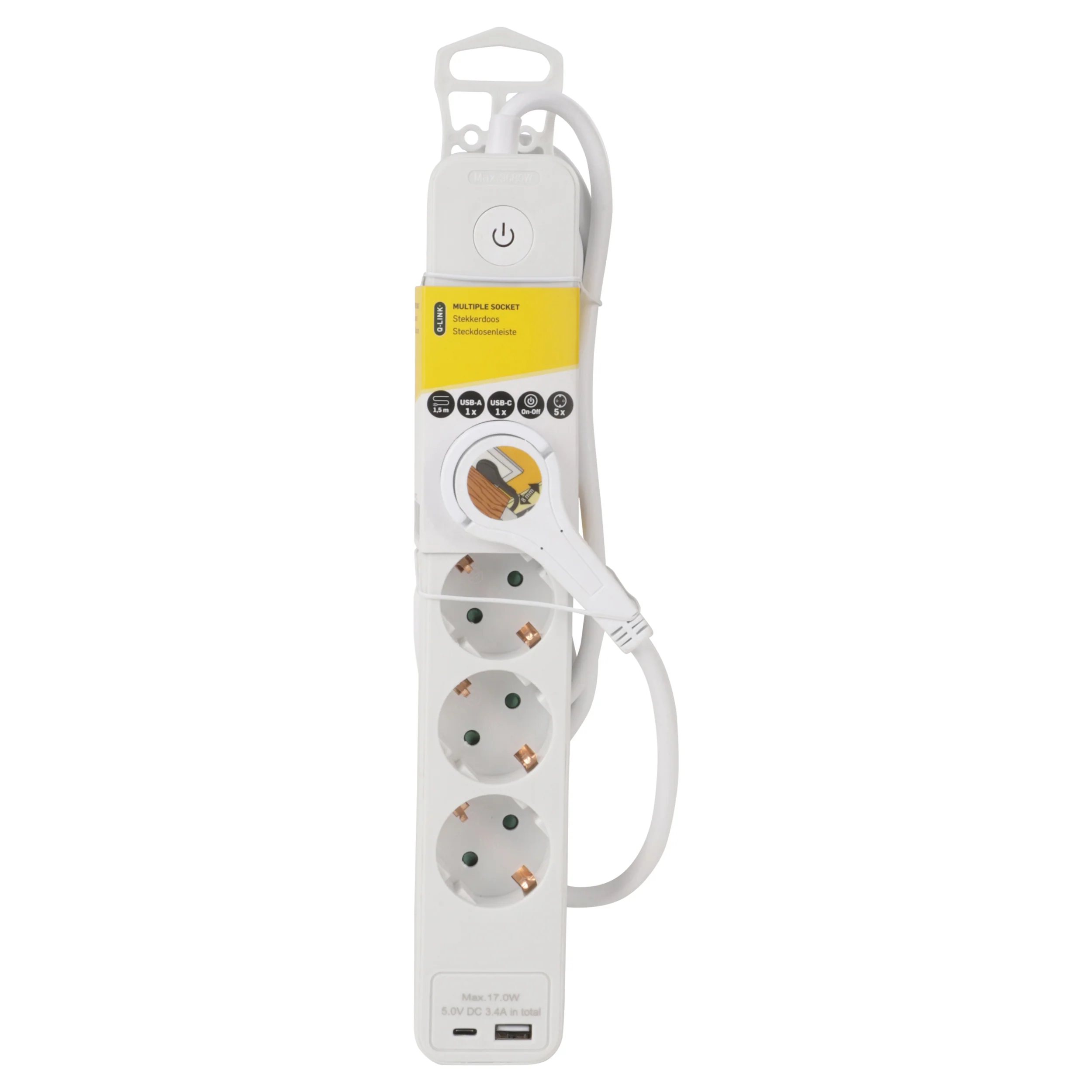Q-Link stekkerdoos 5-voudig 5x geaard, 1x USB A, 1x USB C wit 1,5m - Image 6