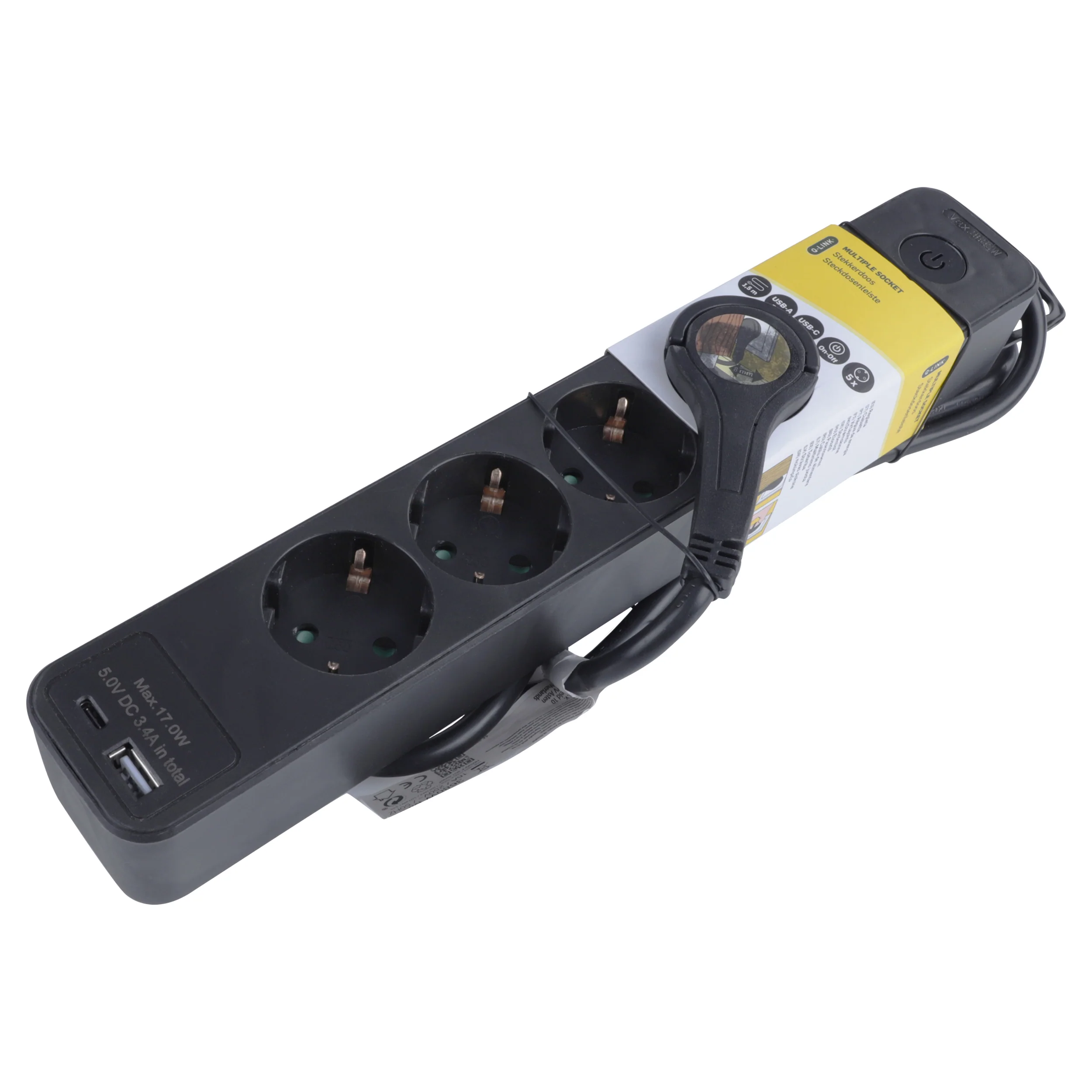 Q-Link stekkerdoos 5-voudig 5x geaard, 1x USB A, 1x USB C zwart 1,5m - Image 4
